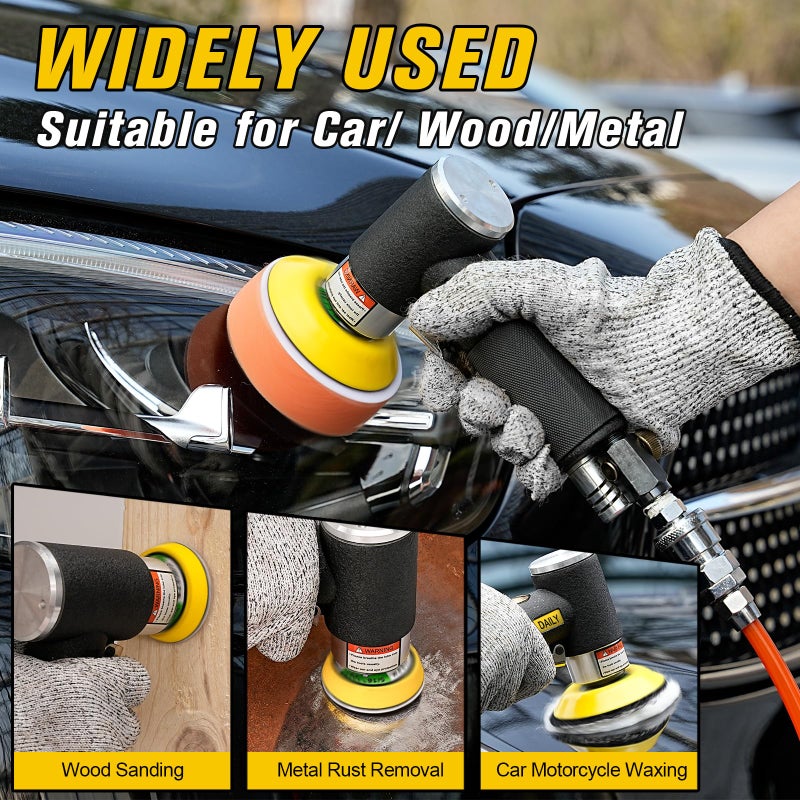 SI FANG 1'' 2'' 3'' Mini Random Orbital Air Sander Kit, High Speed Pneumatic DA Sanders Polisher for Auto Body Work, Includes 27Pcs 1/2/3in Polishing Sponge & Wool Pads, 15Pcs Sandpapers (Black) - Image 2